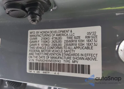 2022 Honda Cr-V Awd Ex-L из США, поврежденный, VIN 7FARW2H8XNE029143